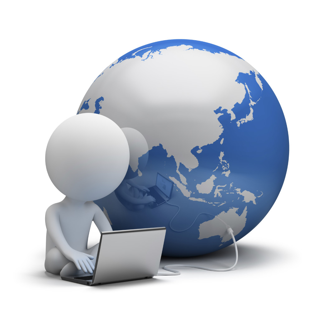 3d small person working on a laptop next to the globe. 3d image. White background.